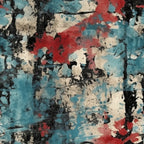 grunge texture, distressed paint, abstract pattern, teal blue, coral red, cream white, charcoal black, weathered surface, peeling paint, vintage worn, cotton fabric, quilting panel, artistic design, urban decay, textured background, paint splatter, aged patina, modern abstract, fabric art, distressed finish