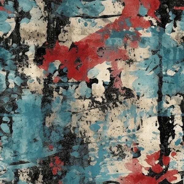 grunge texture, distressed paint, abstract pattern, teal blue, coral red, cream white, charcoal black, weathered surface, peeling paint, vintage worn, cotton fabric, quilting panel, artistic design, urban decay, textured background, paint splatter, aged patina, modern abstract, fabric art, distressed finish