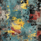 grunge texture, peeling paint, distressed surface, turquoise blue, yellow ochre, coral red, black accents, weathered appearance, abstract pattern, vintage finish, cracked paint, layered colors, industrial style, urban decay,, fabric panel, artistic texture, worn surface, contemporary design, mixed media effect