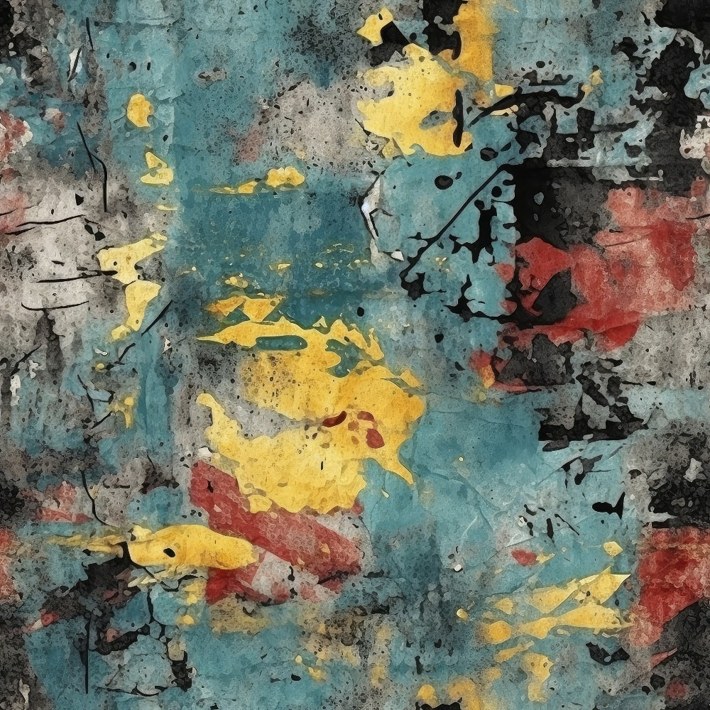 grunge texture, peeling paint, distressed surface, turquoise blue, yellow ochre, coral red, black accents, weathered appearance, abstract pattern, vintage finish, cracked paint, layered colors, industrial style, urban decay,, fabric panel, artistic texture, worn surface, contemporary design, mixed media effect