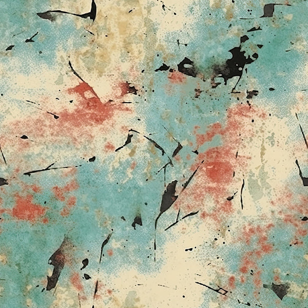 turquoise, coral pink, cream, beige, black accents, grunge texture, distressed paint, weathered surface, abstract pattern, vintage wash, faded colors, peeling paint effect, rustic finish,, fabric panel, aged appearance, textured background, artistic splatter, worn patina, muted tones