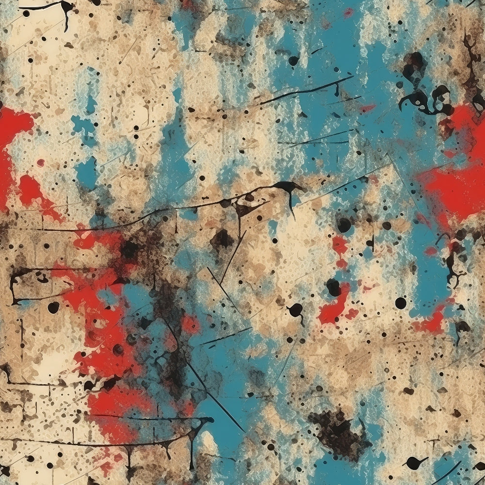 grunge texture, distressed paint, abstract pattern, turquoise blue, coral red, cream beige, black splatters, weathered surface, aged patina, cotton fabric, quilting panel, artistic splashes, paint drips, vintage worn, textured background, mixed media style, contemporary art, fabric panel, mottled finish, urban aesthetic