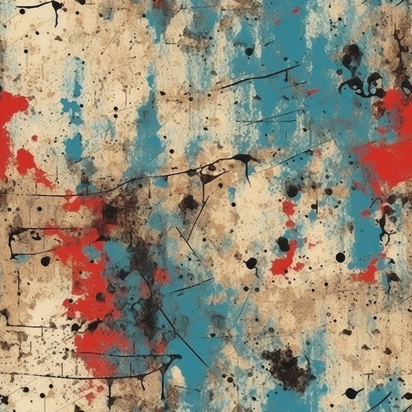 grunge texture, distressed paint, abstract pattern, turquoise blue, coral red, cream beige, black splatters, weathered surface, aged patina, cotton fabric, quilting panel, artistic splashes, paint drips, vintage worn, textured background, mixed media style, contemporary art, fabric panel, mottled finish, urban aesthetic