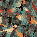 turquoise, coral, orange, charcoal gray, cream, weathered texture, distressed paint, grunge pattern, abstract design, peeling paint effect, vintage patina, rustic finish,, fabric panel, layered textures, worn surface, industrial aesthetic, mixed media appearance, cracked paint, oxidized metal look