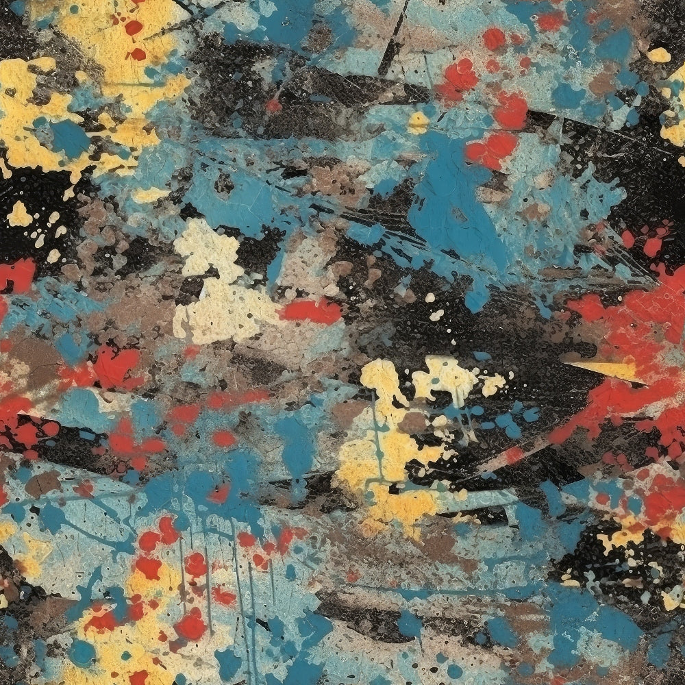 grunge texture, paint splatter, abstract pattern, weathered surface, blue, red, yellow, black, white, distressed look, vintage worn, urban art, street art style, cotton fabric, quilting panel, textured background, artistic design, splashed paint, rough texture, industrial aesthetic