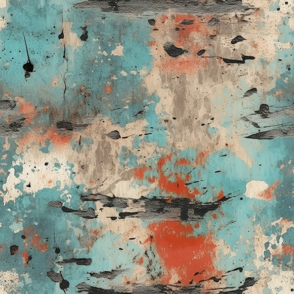turquoise, coral orange, cream, charcoal gray, peeling paint, distressed texture, grunge style, weathered surface, abstract pattern, rustic finish, cotton fabric, quilting panel, vintage aesthetic, industrial design, textured background, paint chips, worn appearance, artistic splashes, mottled effect