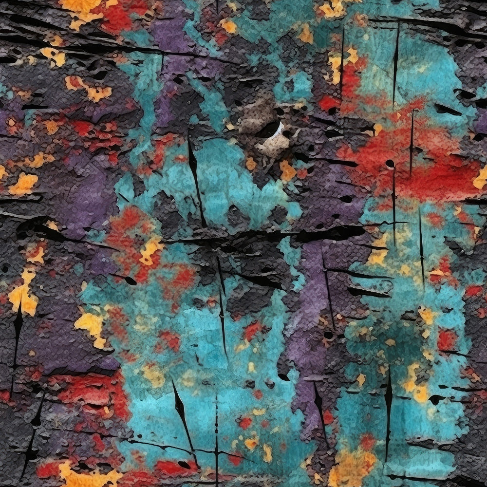 turquoise, purple, red, orange, yellow, cracked paint, peeling paint, grunge texture, distressed surface, weathered wood, abstract pattern, rustic finish, vintage patina, aged surface,, fabric panel, artistic texture, layered colors, worn appearance, textural design