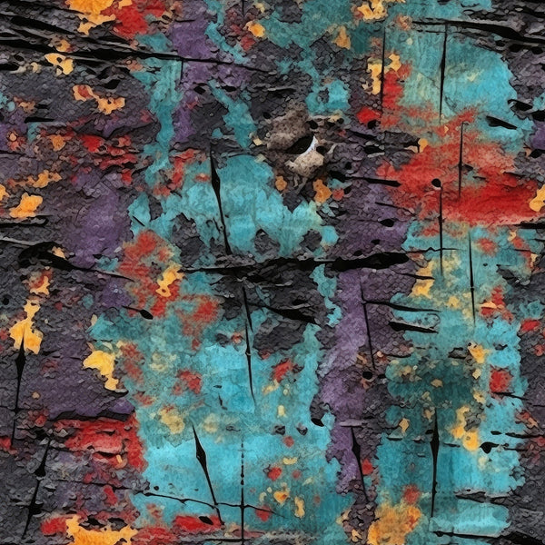 turquoise, purple, red, orange, yellow, cracked paint, peeling paint, grunge texture, distressed surface, weathered wood, abstract pattern, rustic finish, vintage patina, aged surface,, fabric panel, artistic texture, layered colors, worn appearance, textural design