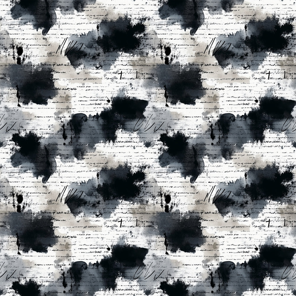 black, white, gray, grunge, ink blots, watercolor splashes, distressed, vintage script, handwriting, abstract, artistic, moody, textured, cotton fabric, quilting panel, monochromatic, paint splatters, worn, weathered, contemporary