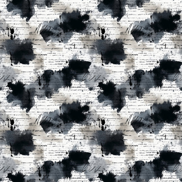 black, white, gray, grunge, ink blots, watercolor splashes, distressed, vintage script, handwriting, abstract, artistic, moody, textured, cotton fabric, quilting panel, monochromatic, paint splatters, worn, weathered, contemporary