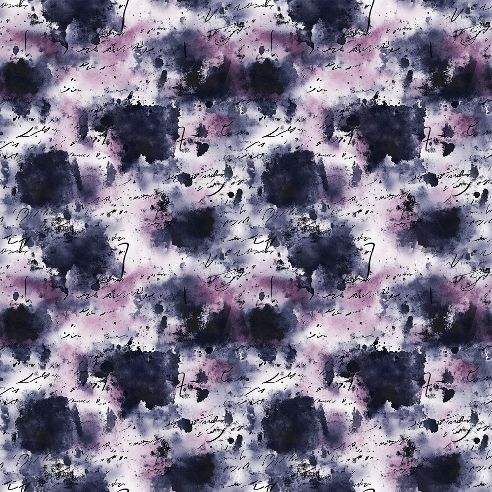 grunge pattern, watercolor effect, purple tones, navy blue, dusty rose, ink blots, abstract design, distressed texture, splatter marks, moody atmosphere,, fabric panel, artistic brushstrokes, vintage feel, mottled background, irregular shapes, contemporary style, craft fabric, sewing material