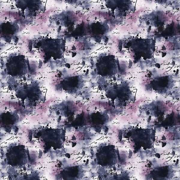 grunge pattern, watercolor effect, purple tones, navy blue, dusty rose, ink blots, abstract design, distressed texture, splatter marks, moody atmosphere,, fabric panel, artistic brushstrokes, vintage feel, mottled background, irregular shapes, contemporary style, craft fabric, sewing material