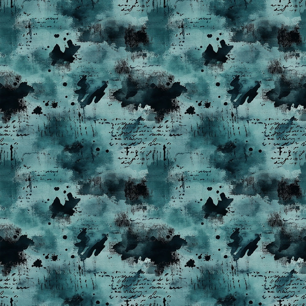 teal, turquoise, dark navy, black, grunge pattern, abstract design, ink blots, paint splatters, distressed texture, weathered appearance, moody atmosphere, artistic brushstrokes,, fabric panel, repeating pattern, vintage style, textured background, splattered ink, grunge aesthetic, cotton fabric