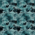 teal, turquoise, dark navy, black, grunge pattern, abstract design, ink blots, paint splatters, distressed texture, weathered appearance, moody atmosphere, artistic brushstrokes,, fabric panel, repeating pattern, vintage style, textured background, splattered ink, grunge aesthetic, cotton fabric