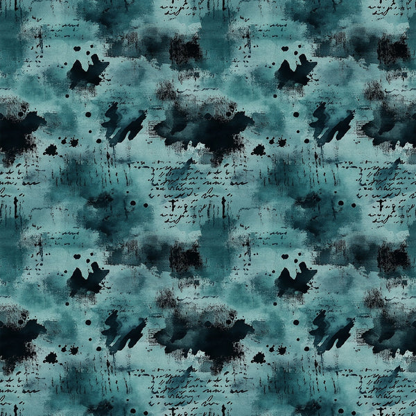 teal, turquoise, dark navy, black, grunge pattern, abstract design, ink blots, paint splatters, distressed texture, weathered appearance, moody atmosphere, artistic brushstrokes,, fabric panel, repeating pattern, vintage style, textured background, splattered ink, grunge aesthetic, cotton fabric