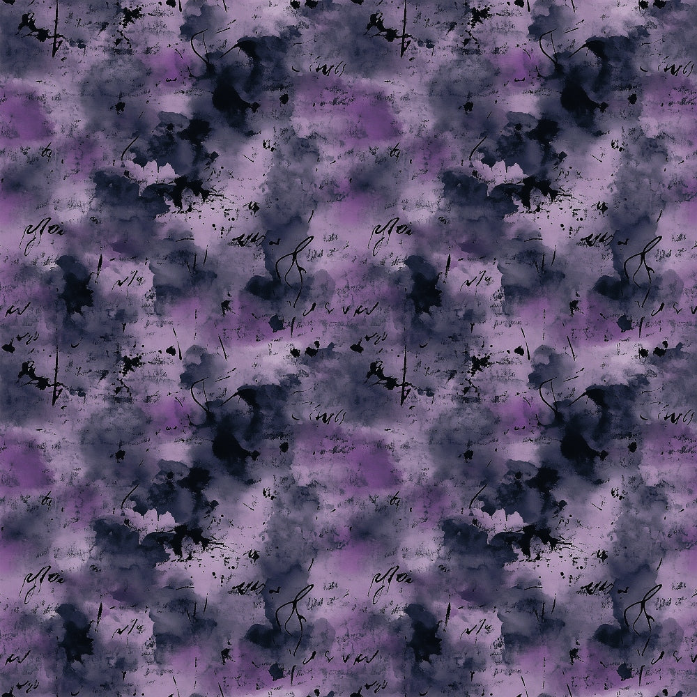 purple, lavender, navy blue, charcoal gray, watercolor, abstract splatters, grunge texture, ink blots, distressed pattern, moody aesthetic, cotton fabric, quilting panel, artistic brushstrokes, paint drips, contemporary design, seamless repeat, crafting material, modern fabric, textured background