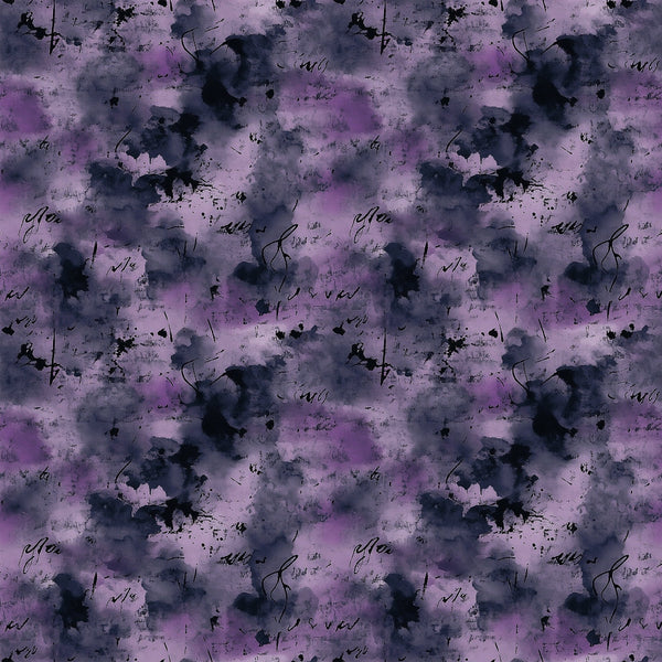 purple, lavender, navy blue, charcoal gray, watercolor, abstract splatters, grunge texture, ink blots, distressed pattern, moody aesthetic, cotton fabric, quilting panel, artistic brushstrokes, paint drips, contemporary design, seamless repeat, crafting material, modern fabric, textured background