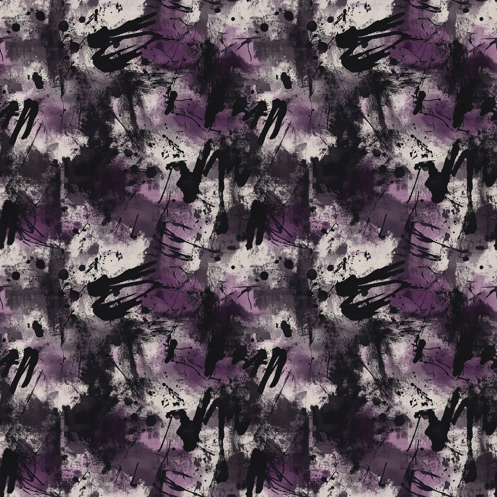 purple, black, gray, white, grunge pattern, abstract design, paint splatters, distressed texture, moody aesthetic, dark colors, artistic brushstrokes,, fabric panel, contemporary style, edgy pattern, splatter effect, textured background, modern grunge, repetitive design