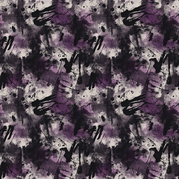 purple, black, gray, white, grunge pattern, abstract design, paint splatters, distressed texture, moody aesthetic, dark colors, artistic brushstrokes,, fabric panel, contemporary style, edgy pattern, splatter effect, textured background, modern grunge, repetitive design
