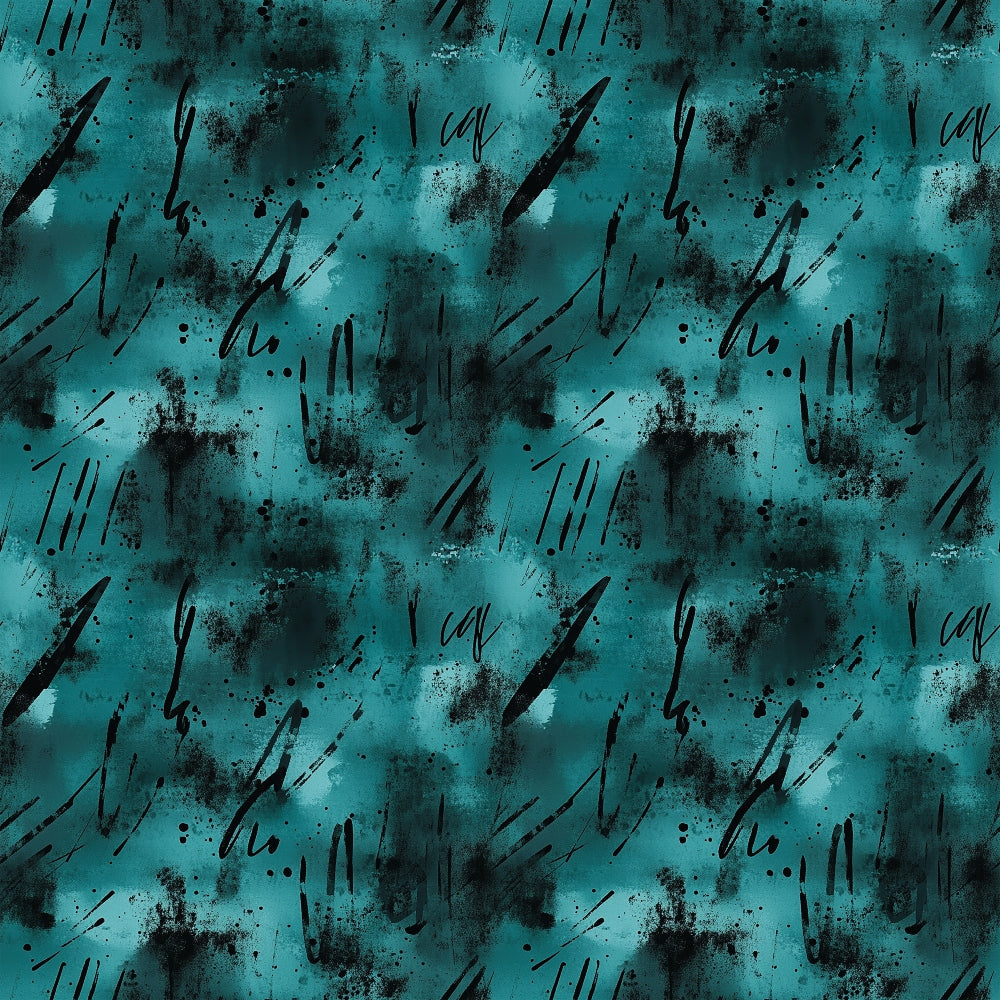 teal, turquoise, black, grunge pattern, abstract design, distressed texture, splatter marks, brush strokes, contemporary art, moody aesthetic,, fabric panel, artistic print, textured background, paint splatters, modern grunge, expressive marks, urban style, crafting material