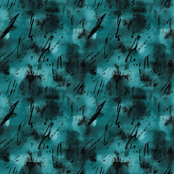 teal, turquoise, black, grunge pattern, abstract design, distressed texture, splatter marks, brush strokes, contemporary art, moody aesthetic,, fabric panel, artistic print, textured background, paint splatters, modern grunge, expressive marks, urban style, crafting material