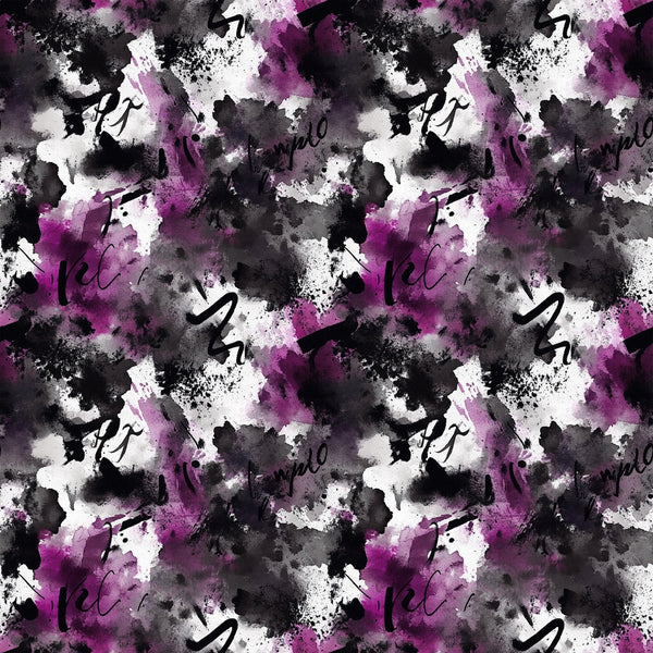 grunge pattern, abstract design, purple splashes, magenta accents, black ink blots, white splatters, gray washes, watercolor effect, distressed texture, artistic splatter, modern art style, edgy aesthetic, paint drips, ink stains, contemporary pattern,, fabric panel, moody atmosphere, urban inspired, mixed media look