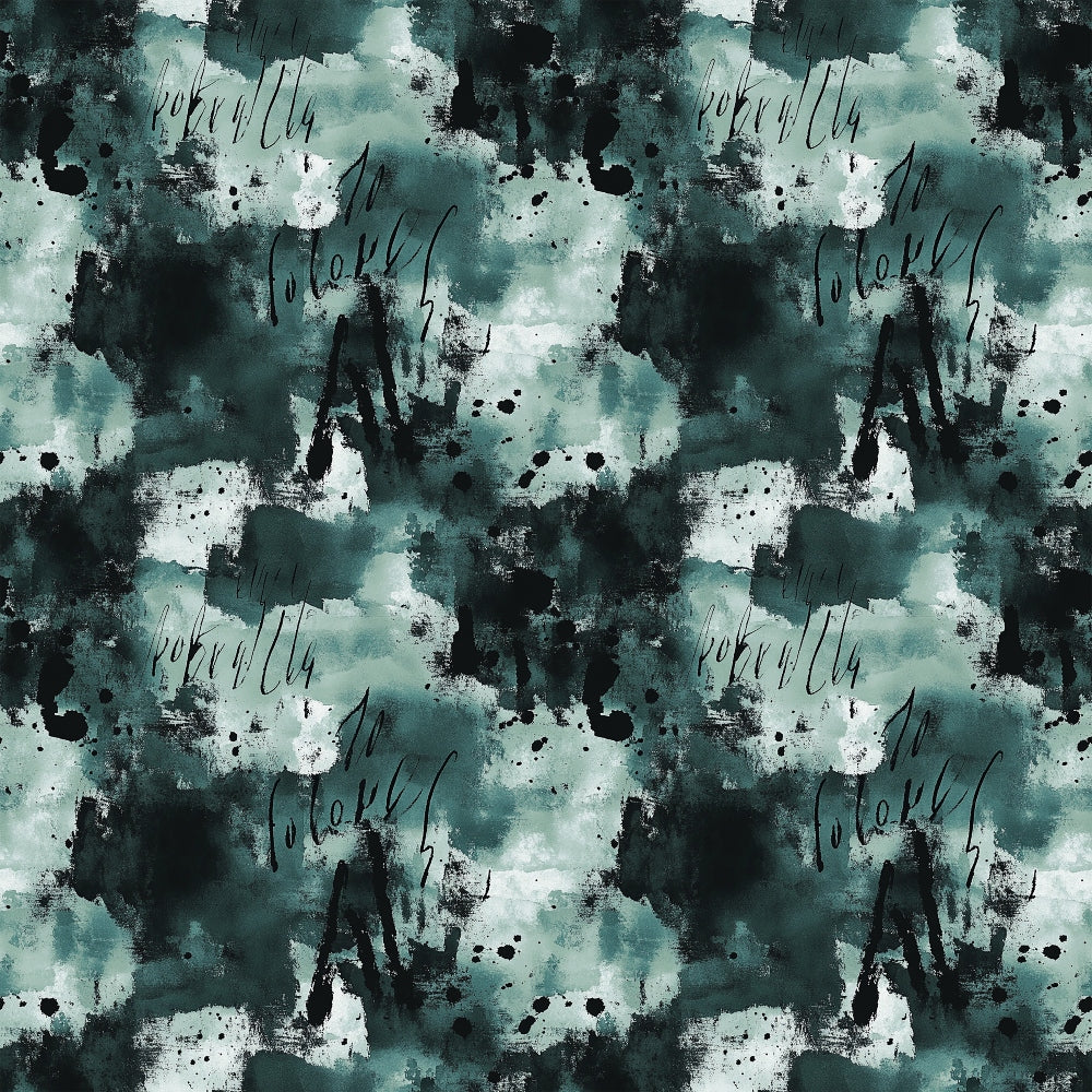 teal, sage green, black, white, watercolor, abstract, grunge, ink blots, paint splatters, distressed, moody, artistic, cotton fabric, quilting panel, textured, contemporary, bohemian, fluid design, organic shapes, muted tones