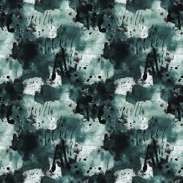 teal, sage green, black, white, watercolor, abstract, grunge, ink blots, paint splatters, distressed, moody, artistic, cotton fabric, quilting panel, textured, contemporary, bohemian, fluid design, organic shapes, muted tones