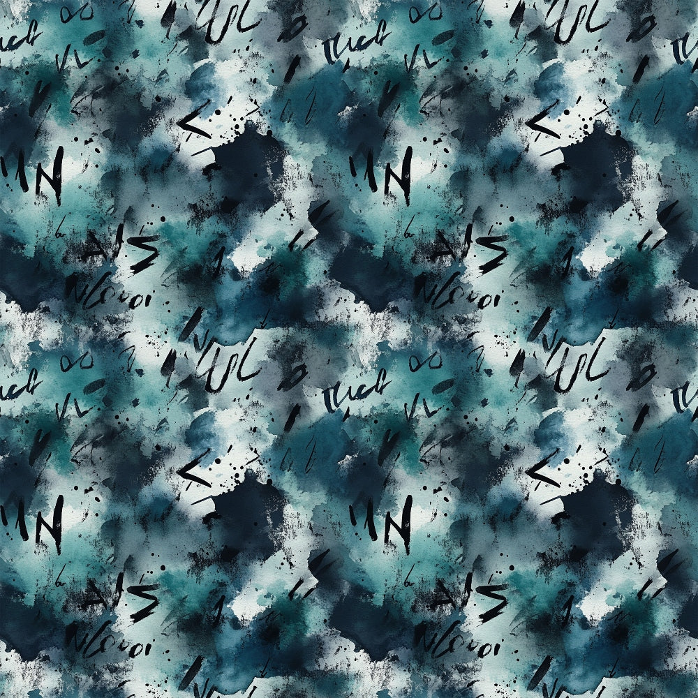 teal, navy blue, white, grunge pattern, abstract design, watercolor effect, paint splatters, brushstrokes, arrows, geometric shapes, modern art, contemporary style,, fabric panel, artistic motif, distressed texture, urban aesthetic, mixed media look, scattered elements, moody atmosphere