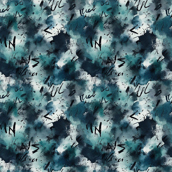 teal, navy blue, white, grunge pattern, abstract design, watercolor effect, paint splatters, brushstrokes, arrows, geometric shapes, modern art, contemporary style,, fabric panel, artistic motif, distressed texture, urban aesthetic, mixed media look, scattered elements, moody atmosphere