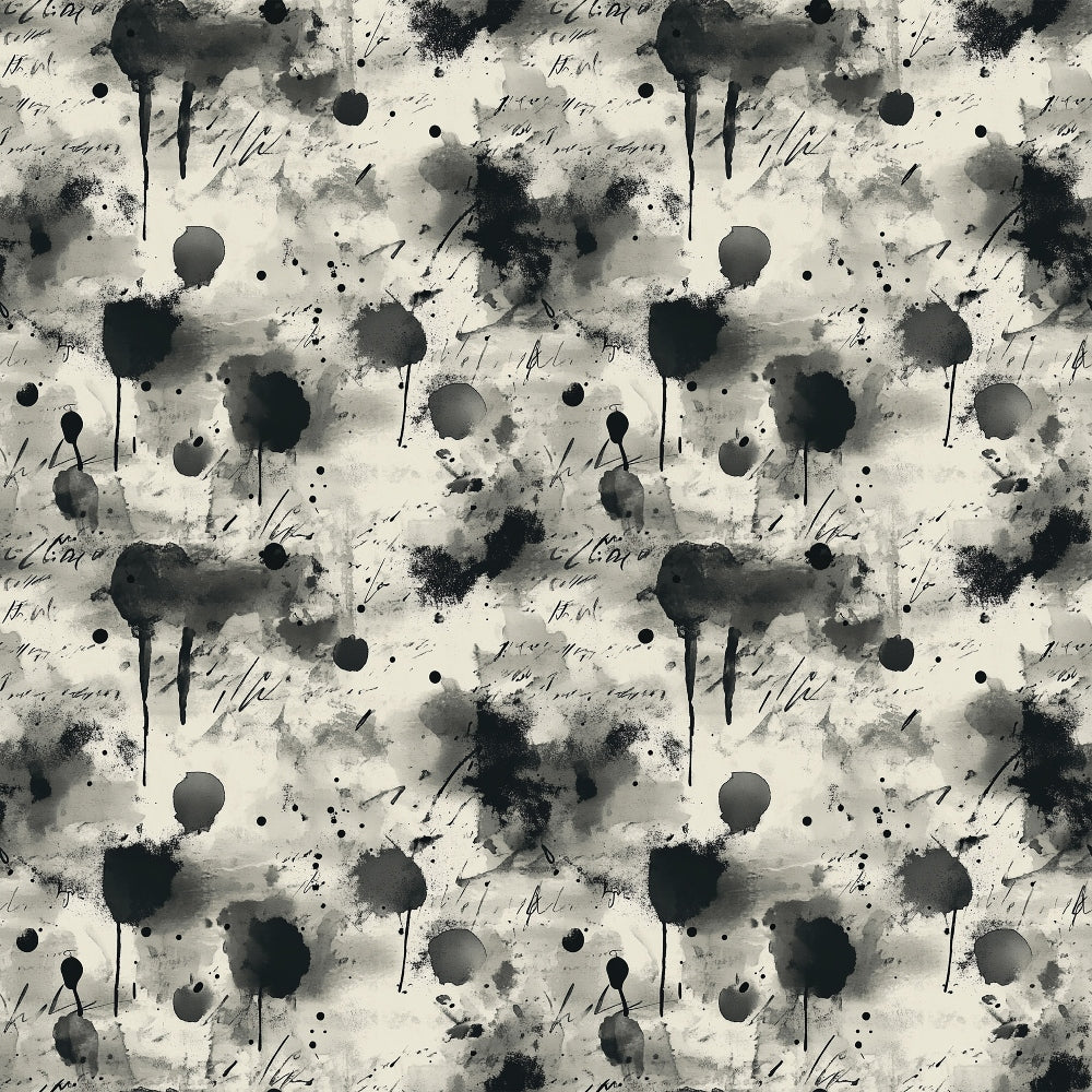 black, white, gray, monochrome, ink blots, paint splatters, grunge texture, abstract design, distressed pattern, vintage style, weathered appearance, artistic splashes, dripping paint, scattered dots,, fabric panel, moody aesthetic, urban style, modern abstract, textured surface