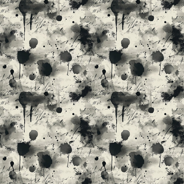 black, white, gray, monochrome, ink blots, paint splatters, grunge texture, abstract design, distressed pattern, vintage style, weathered appearance, artistic splashes, dripping paint, scattered dots,, fabric panel, moody aesthetic, urban style, modern abstract, textured surface