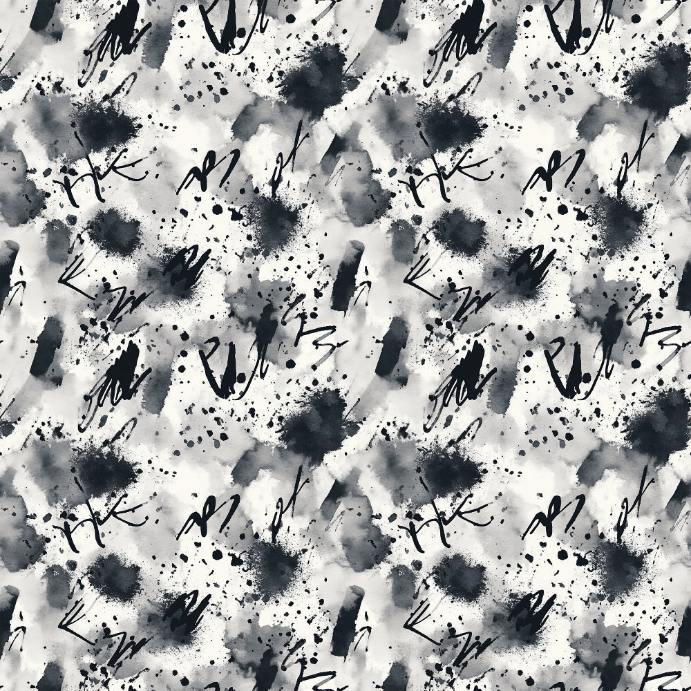 black, white, gray, monochrome, grunge, abstract, ink splatters, brush strokes, paint drips, watercolor effect, artistic, modern, contemporary, cotton fabric, quilting panel, scattered dots, splashes, textured, repeated pattern, distressed style