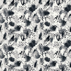 black, white, gray, monochrome, grunge, abstract, ink splatters, brush strokes, paint drips, watercolor effect, artistic, modern, contemporary, cotton fabric, quilting panel, scattered dots, splashes, textured, repeated pattern, distressed style