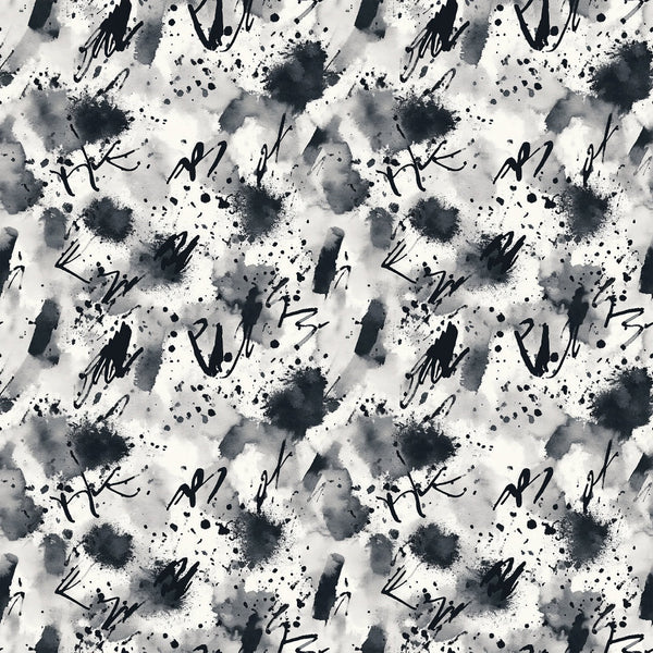 black, white, gray, monochrome, grunge, abstract, ink splatters, brush strokes, paint drips, watercolor effect, artistic, modern, contemporary, cotton fabric, quilting panel, scattered dots, splashes, textured, repeated pattern, distressed style