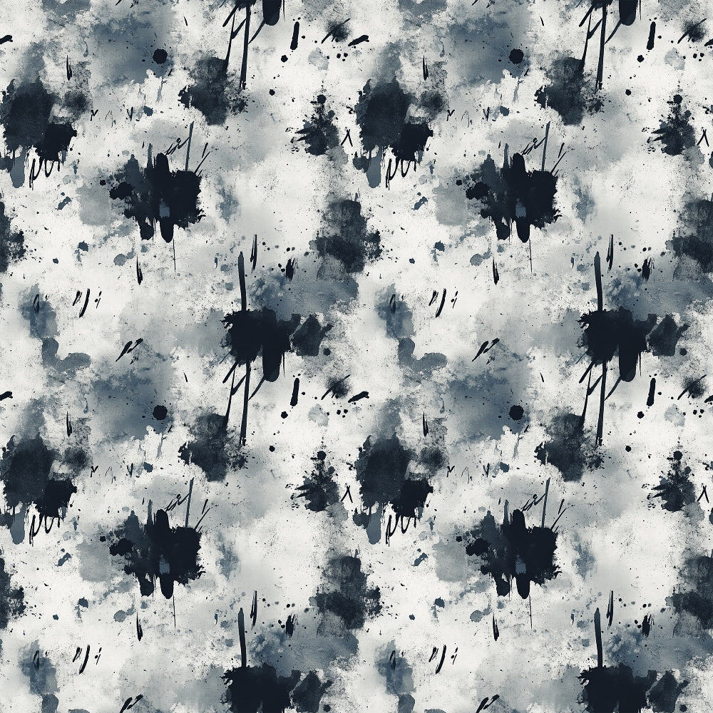 grunge pattern, ink blots, paint splatters, abstract design, dark navy, charcoal gray, off white, weathered texture, distressed look, artistic splashes, moody aesthetic,, fabric panel, contemporary style, urban vibe, textured surface, irregular shapes, modern pattern, edgy design