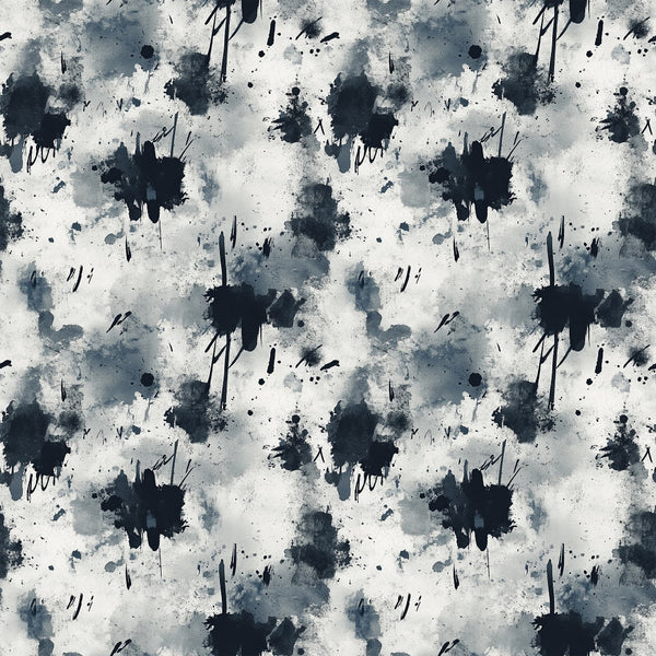 grunge pattern, ink blots, paint splatters, abstract design, dark navy, charcoal gray, off white, weathered texture, distressed look, artistic splashes, moody aesthetic,, fabric panel, contemporary style, urban vibe, textured surface, irregular shapes, modern pattern, edgy design
