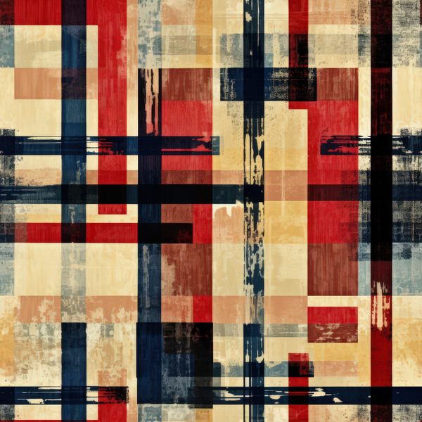 grunge plaid, distressed pattern, red fabric, navy blue, cream beige, burgundy, weathered texture, vintage style, geometric blocks, overlapping squares, rustic design,, fabric panel, patriotic colors, worn appearance, layered plaid, textured surface, americana palette, faded stripes, abstract geometric