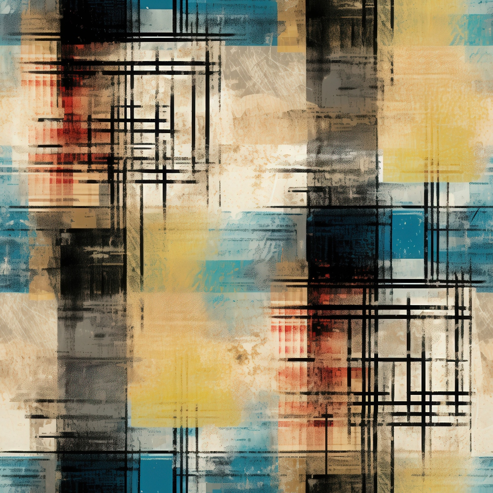 grunge plaid, abstract geometric, distressed texture, teal blue, golden yellow, coral orange, charcoal gray, cream beige, weathered lines, intersecting stripes, vintage worn, industrial aesthetic, layered patterns, faded colors,, fabric panel, modern abstract, urban style, textured surface, overlapping grids