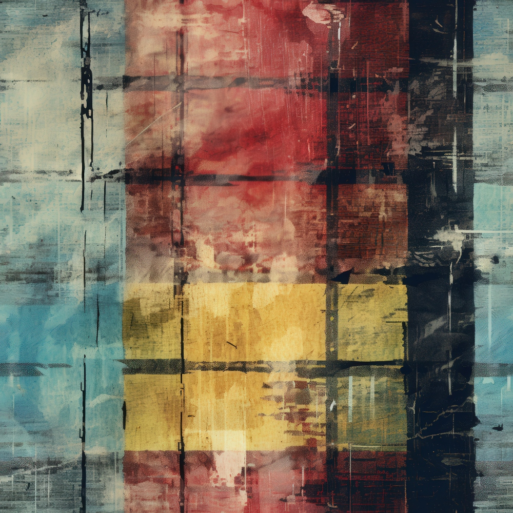 grunge plaid, distressed texture, rust red, golden yellow, dusty blue, weathered blocks, vintage aesthetic, cotton fabric, quilting panel, faded squares, industrial style, worn appearance, muted tones, abstract blocks, textured surface, aged look, geometric pattern, earthy colors, shabby chic