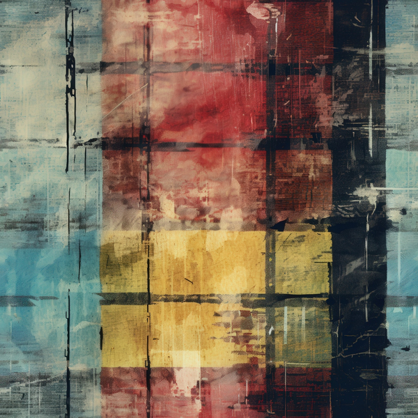 grunge plaid, distressed texture, rust red, golden yellow, dusty blue, weathered blocks, vintage aesthetic, cotton fabric, quilting panel, faded squares, industrial style, worn appearance, muted tones, abstract blocks, textured surface, aged look, geometric pattern, earthy colors, shabby chic