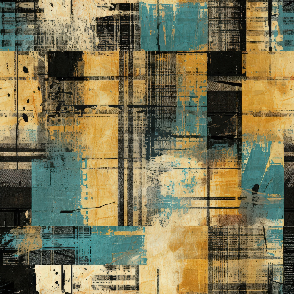 teal, mustard yellow, black, cream, beige, grunge texture, plaid pattern, geometric blocks, distressed look, weathered appearance, vintage style, abstract design,, fabric panel, industrial aesthetic, layered patches, worn effect, urban art, mixed media look