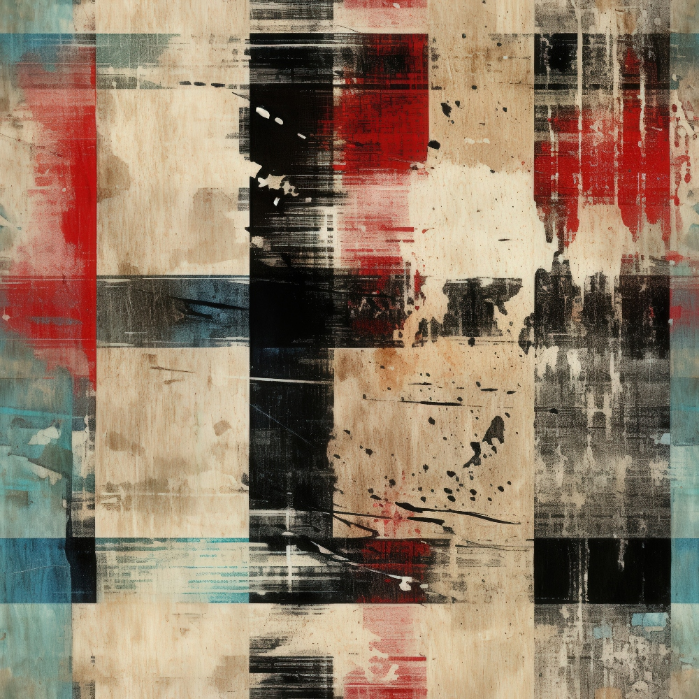grunge, plaid pattern, distressed texture, red, black, beige, cream, teal blue, abstract blocks, weathered appearance, vintage style, geometric squares, layered design, faded colors, urban aesthetic,, fabric panel, contemporary art, mixed media style, industrial mood