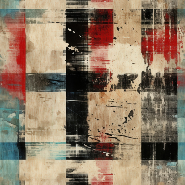 grunge, plaid pattern, distressed texture, red, black, beige, cream, teal blue, abstract blocks, weathered appearance, vintage style, geometric squares, layered design, faded colors, urban aesthetic,, fabric panel, contemporary art, mixed media style, industrial mood