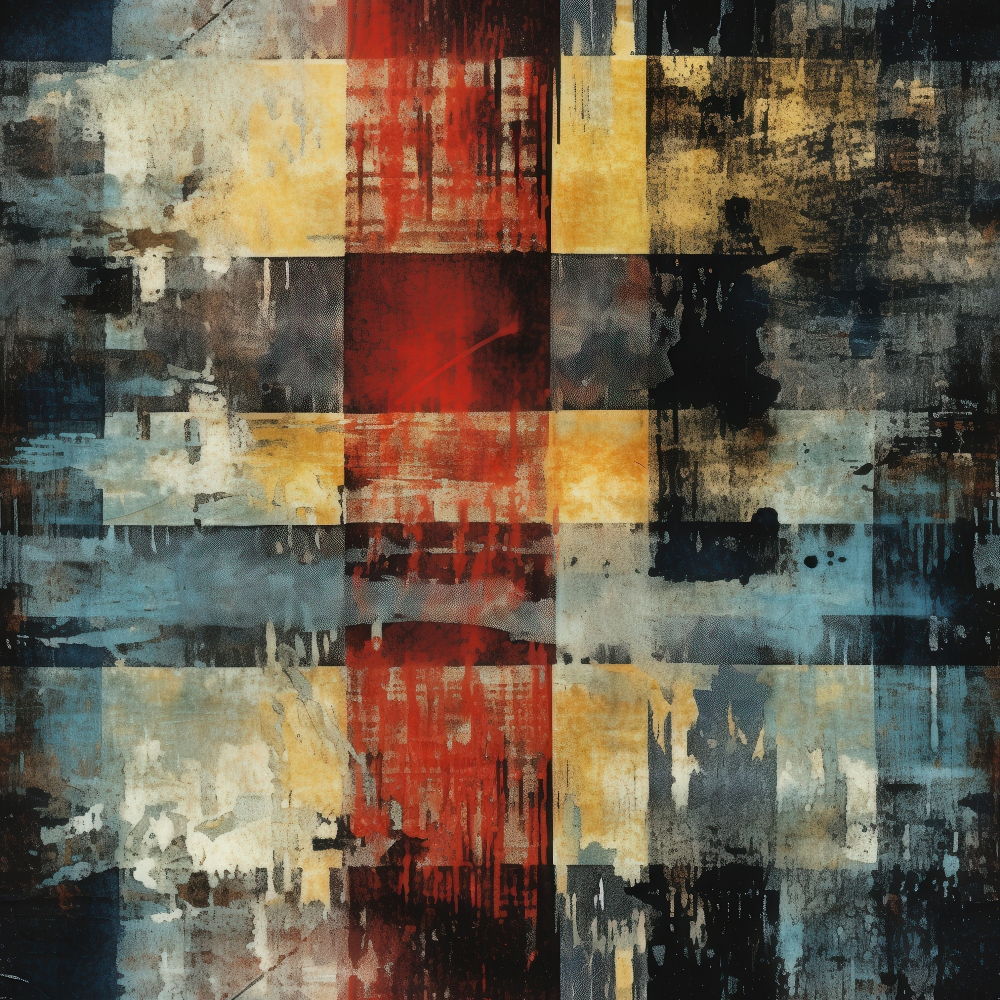 rust red, golden yellow, slate blue, charcoal gray, cream white, grunge texture, plaid pattern, distressed overlay, weathered effect, abstract blocks, vintage style, faded appearance,, fabric panel, layered design, muted tones, industrial aesthetic, textured surface, worn finish