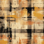 orange, brown, beige, black, cream, grunge plaid, distressed pattern, weathered texture, abstract geometric, vintage style, rustic design,, fabric panel, layered blocks, faded appearance, industrial mood, neutral tones, rectangular shapes, worn effect, contemporary art