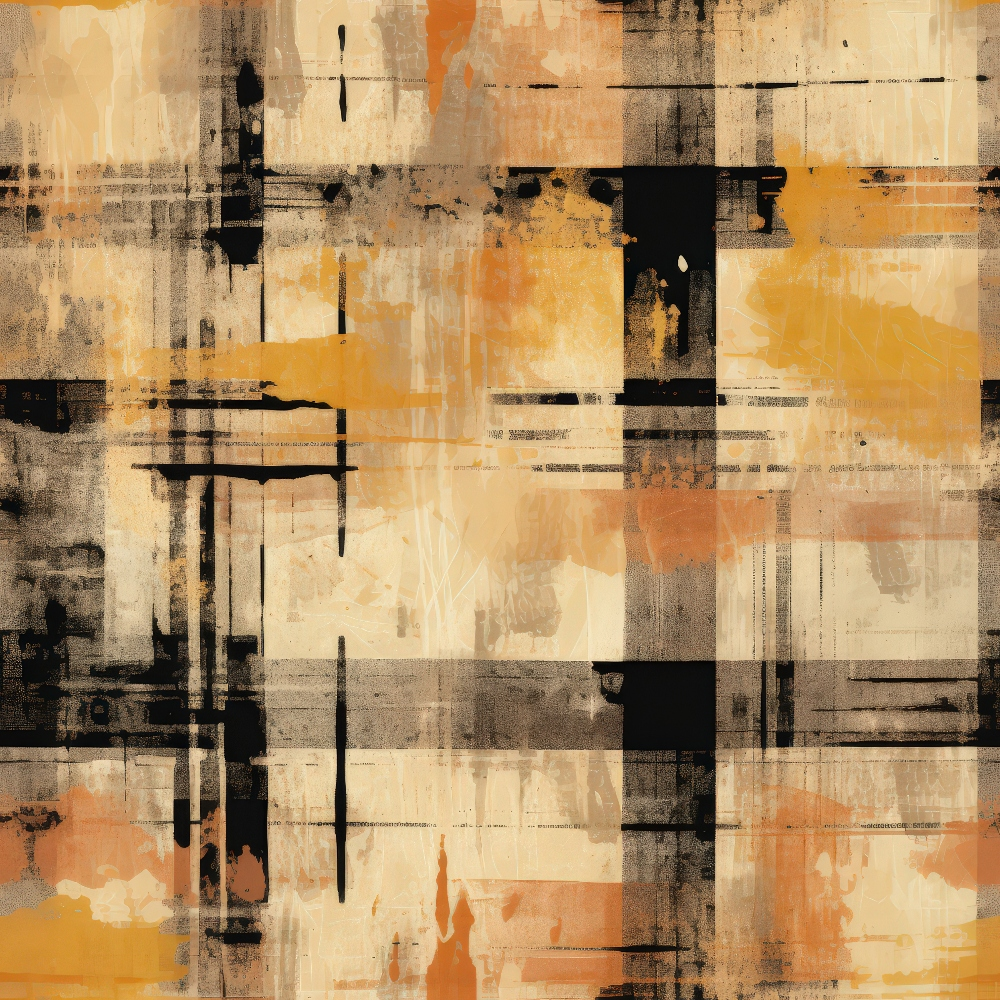 orange, brown, beige, black, cream, grunge plaid, distressed pattern, weathered texture, abstract geometric, vintage style, rustic design,, fabric panel, layered blocks, faded appearance, industrial mood, neutral tones, rectangular shapes, worn effect, contemporary art
