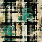 teal, turquoise, black, white, beige, tan, grunge pattern, plaid design, distressed texture, layered blocks, geometric shapes, weathered appearance, vintage style, abstract composition,, fabric panel, rectangular patches, overlapping elements, urban aesthetic, contemporary art