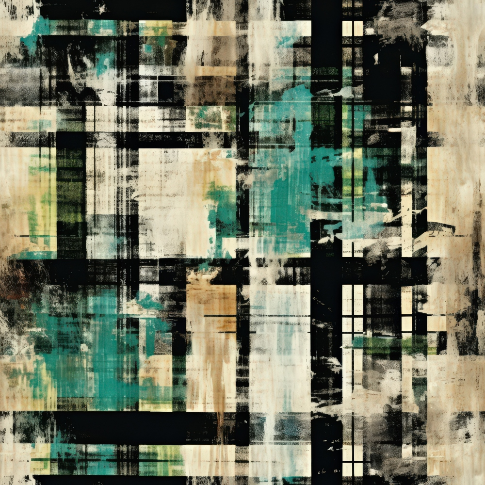 teal, turquoise, black, white, beige, tan, grunge pattern, plaid design, distressed texture, layered blocks, geometric shapes, weathered appearance, vintage style, abstract composition,, fabric panel, rectangular patches, overlapping elements, urban aesthetic, contemporary art