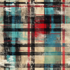 grunge plaid, distressed pattern, red accents, teal blue, cream beige, black lines, weathered texture, vintage aesthetic, geometric design, layered squares, faded colors, rustic style, crosshatch lines,, fabric panel, worn appearance, abstract blocks, muted tones, industrial feel, overlapping rectangles